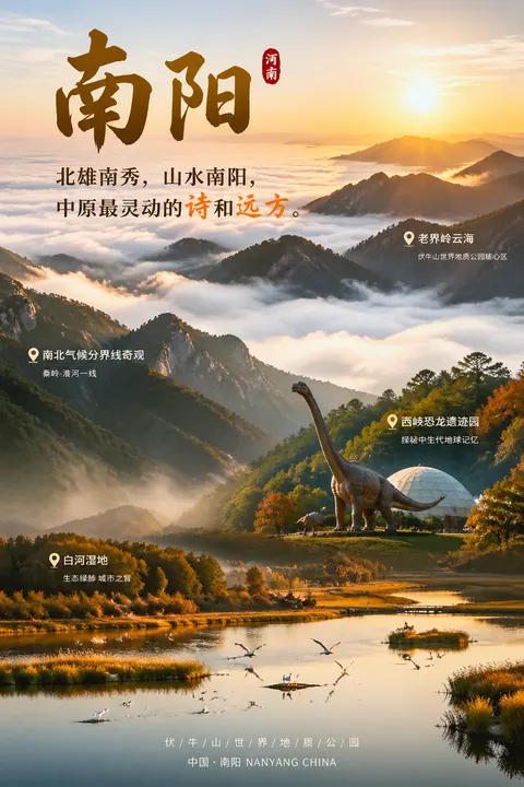 令人惊叹的中国河南南阳旅游宣传海报，聚焦于生态自然和...