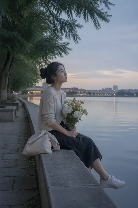 幅让人感到放松和安静的傍晚河边画面：夏末傍晚，城市边...
