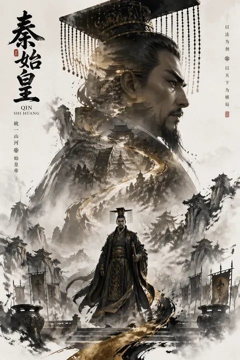 秦始皇国风游戏人物宣传海报，统一采用竖版主视觉构图。...
