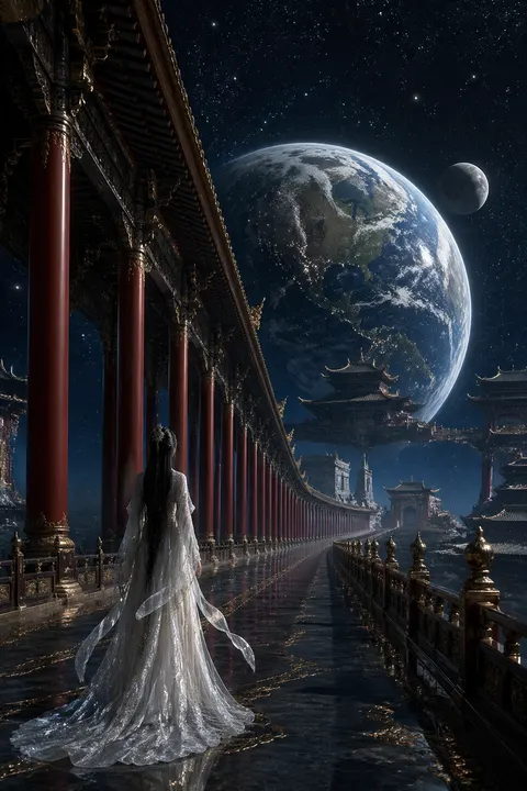 夜晚的未来修真世界，一位仙子背影独自站在近地太空轨道...