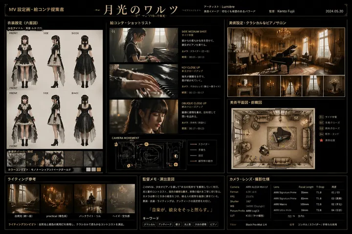 日本 MV 钢琴演奏场景的影视前期设定板，横版 16...