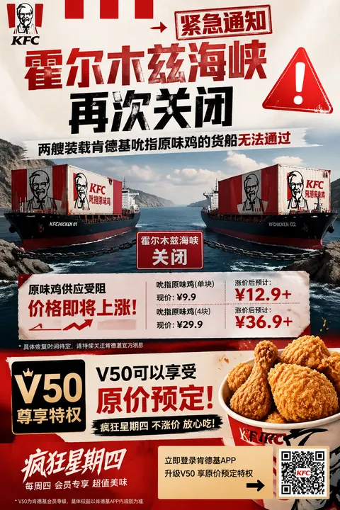 由于霍尔木兹海峡再次关闭装载肯德基吮指原味鸡的两艘货...