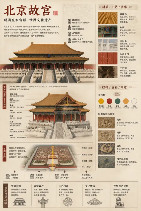 请根据{北京故宫}自动生成一张“博物馆图鉴式中文拆解...